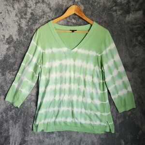 Talbots Green White Tie Dye Cotton Blend Vneck Sweater Womens Size Large EUC